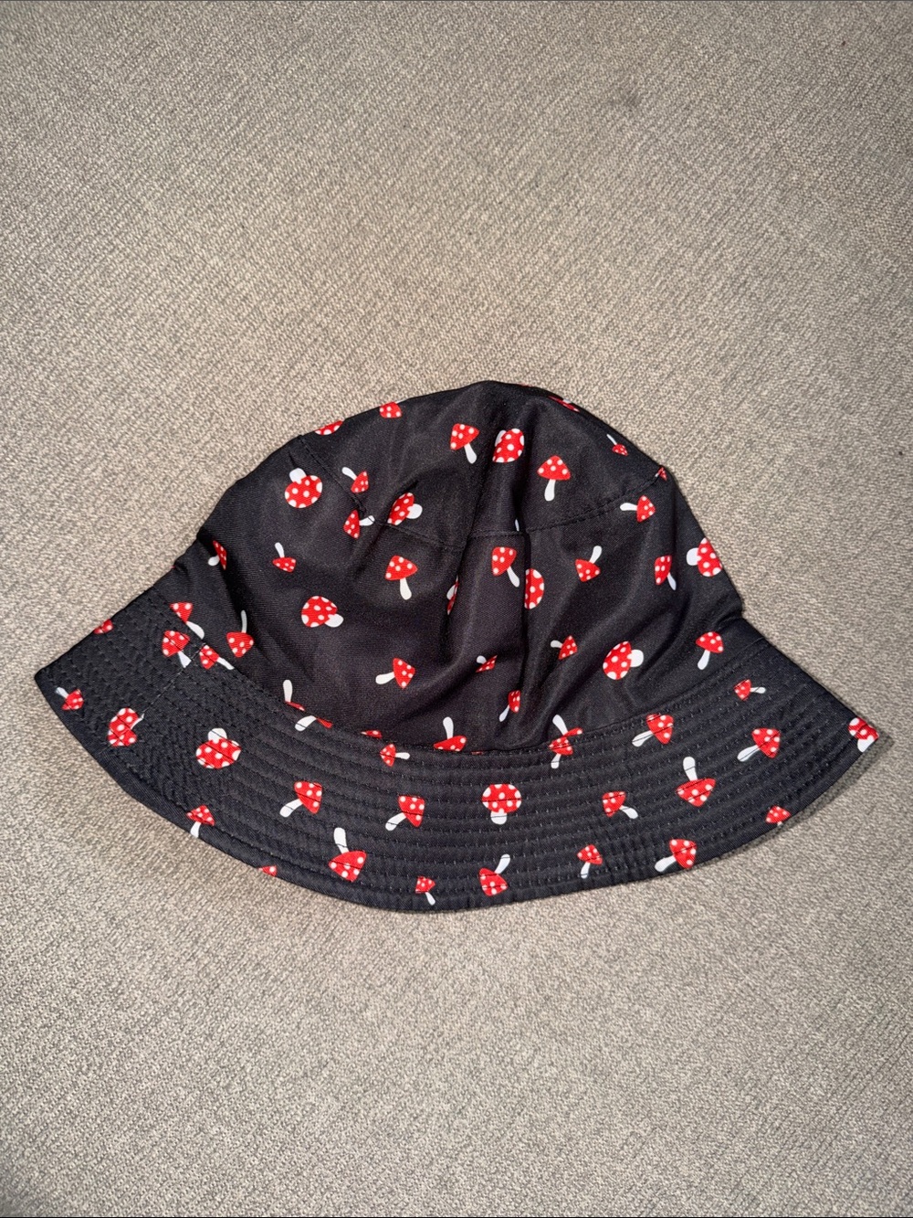 Hot Topic Black Bucket Hat with Red & White Mushroom Print
